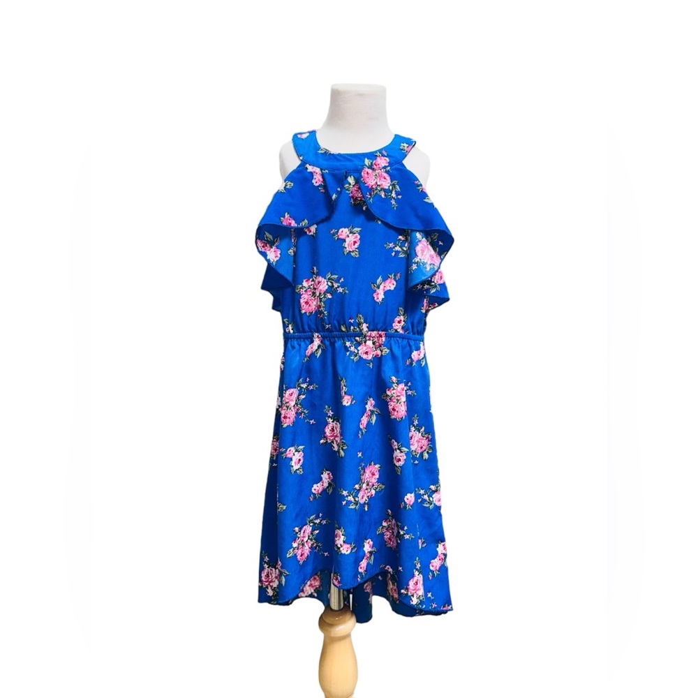 Lily Bleu Girls 7 blue floral sleeveless dress hi lo